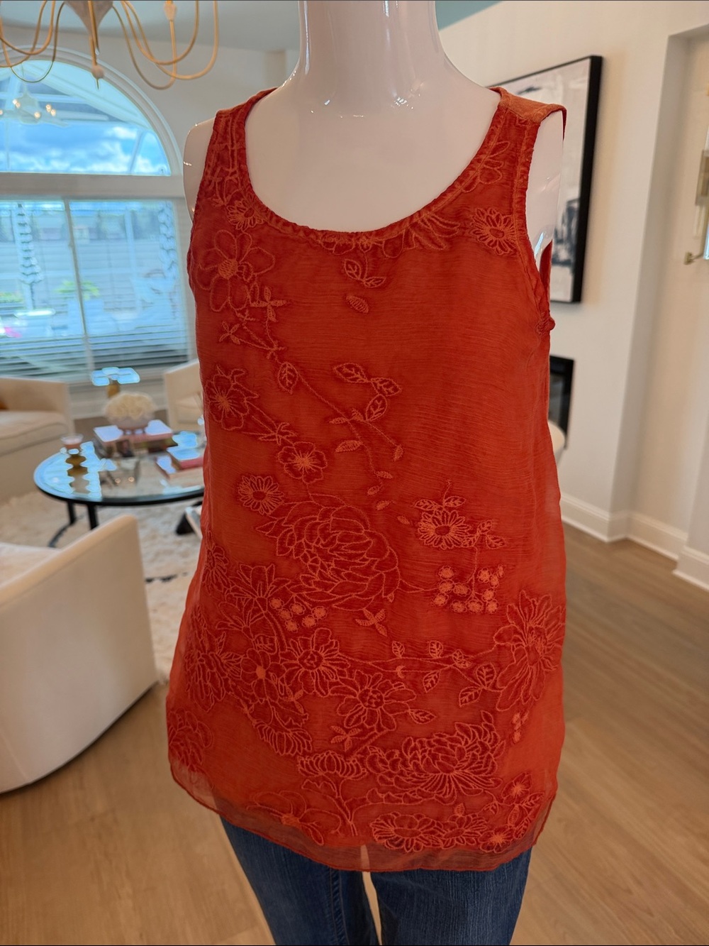 Embroidered Scoop Neck Camisole in Burnt Orange